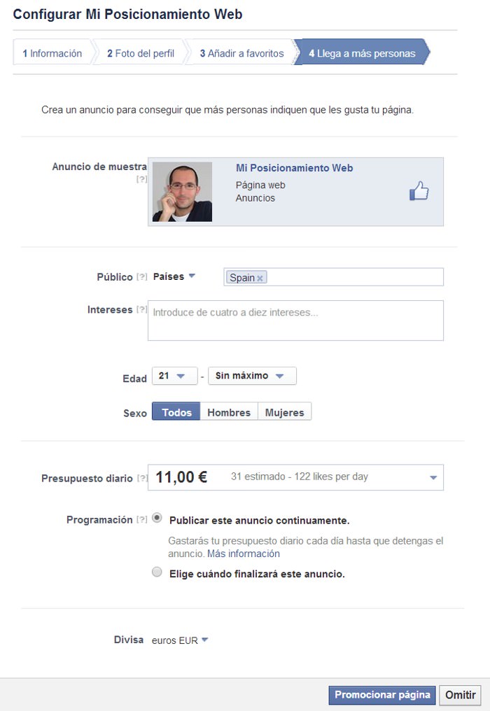 Configurar página de Facebook paso 4