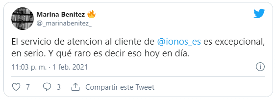 Tweet de cliente contento con el soporte IONOS 1and1