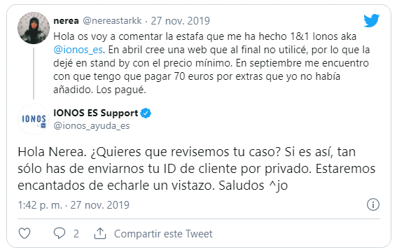 Tweet de otro usuario criticando el soporte IONOS 1and1
