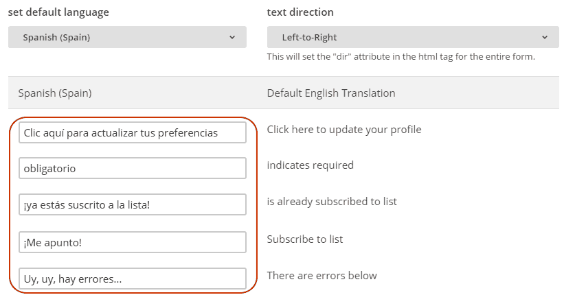 Traducciones en formularios de MailChimp
