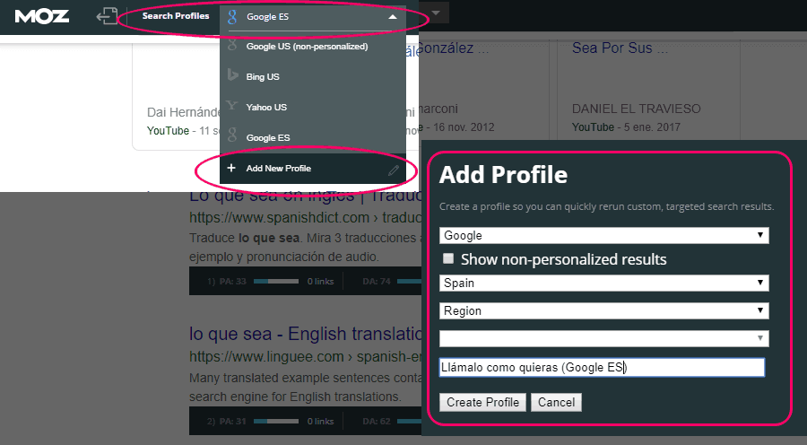 Configurar un perfil de buscador para tu país en MozBar