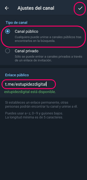 Cómo crear un canal de Telegram: elegir tipo público y enlace