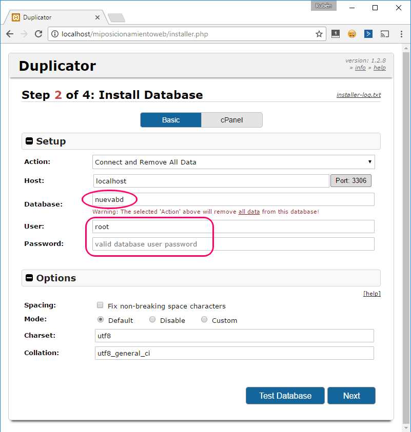 Paso 2 del instalador de Duplicator: base de datos