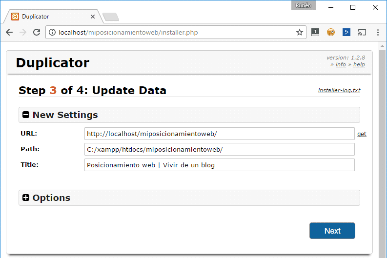 Paso 3 del instalador de Duplicator: actualización ajustes base de datos