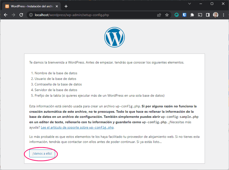 Empezando la instalación de WordPress en localhost
