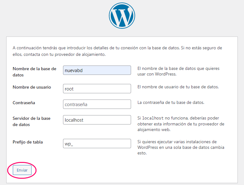 Instalar WordPress en local configuración de la base de datos