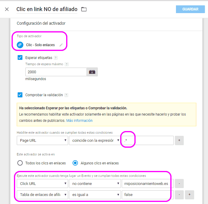Configuración del activador de clics en enlaces salientes y NO de afiliados