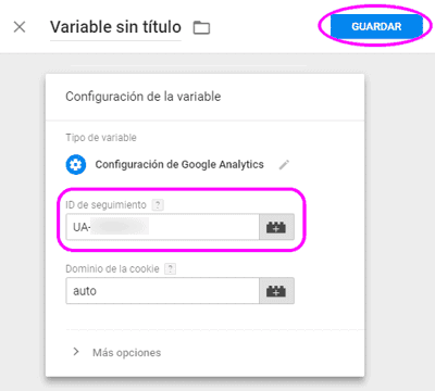 Configurar la variable de seguimiento de Google Analytics