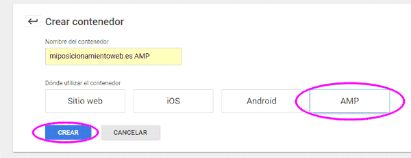 Crear un contenedor nuevo de tipo AMP en Google Tag Manager
