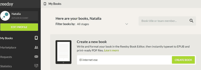 Pantalla para crear tus ebooks en Reedsy