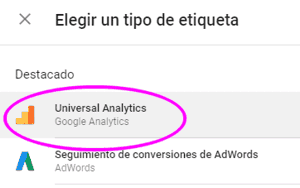 Elegir la etiqueta Universal Analytics para AMP en Google Tag Manager