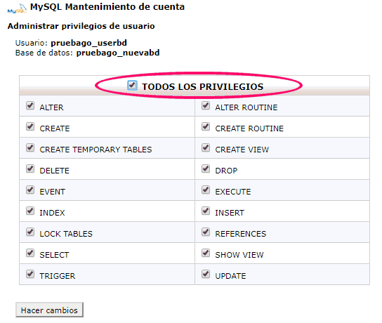 Añadir privilegios a un usuario de base de datos en cPanel