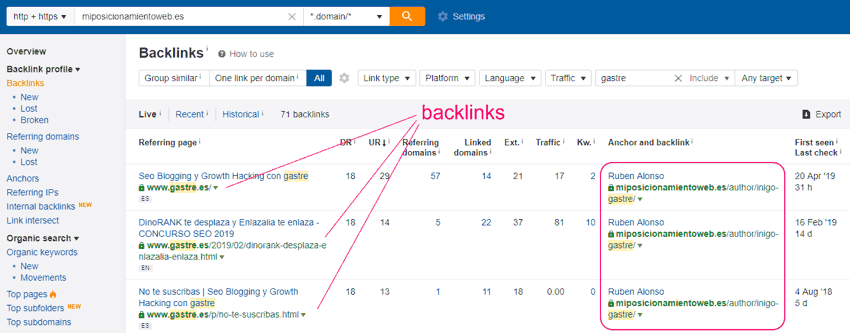 Ejemplo de qué son los backlinks usando la herramienta Ahrefs
