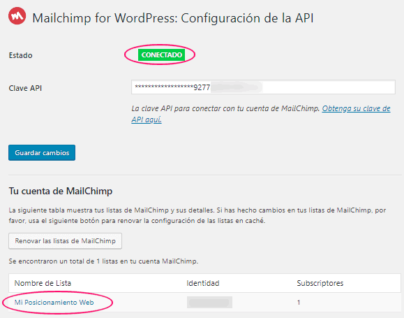 MC4WP de WordPress conectado a tu cuenta de MailChimp