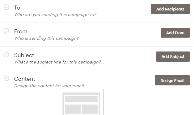 Apartados a configurar en la campaña Regular de MailChimp