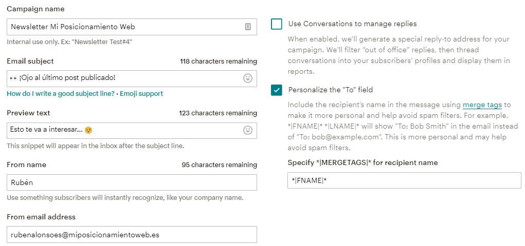 Configuración de la campaña Automated de MailChimp