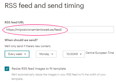 Configurar feed y fecha de envío de la campaña Automated en MailChimp