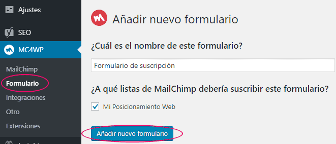 Crear un nuevo formulario de suscripción en WordPress para MailChimp