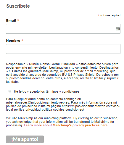 Ejemplo de formulario HTML de MailChimp