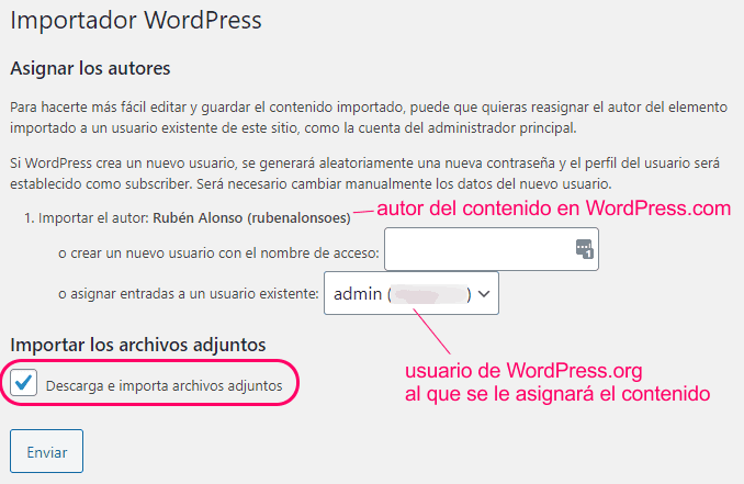 Asignar el contenido a importar a un usuario de WordPress.org