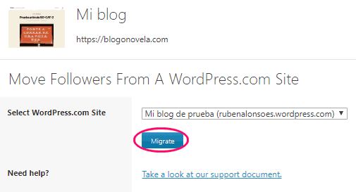 Botón de migrar seguidores del WordPress.com