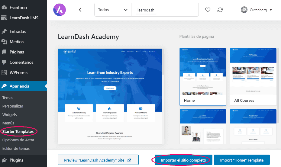 Importar plantilla LearnDash Academy de Astra