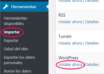 Instalar el importador de WordPress.com