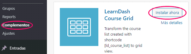 Instalar y activar complemento Course Grid para LearnDash