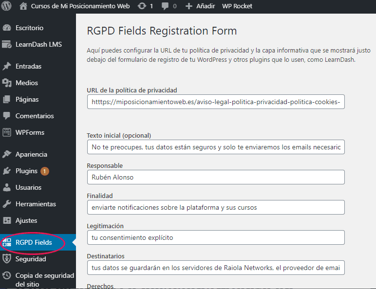 Opciones del plugin RGPD Fields Registration Form