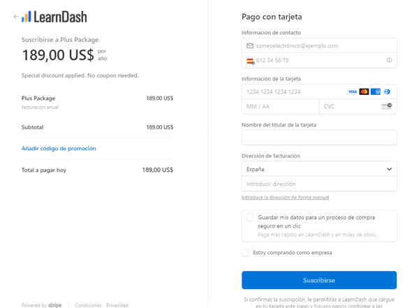 Pago de LearnDash con tarjeta de crédito