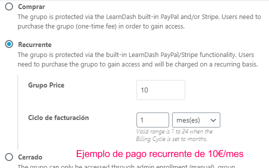 Ejemplo de pago recurrente en la membresía en LearnDash