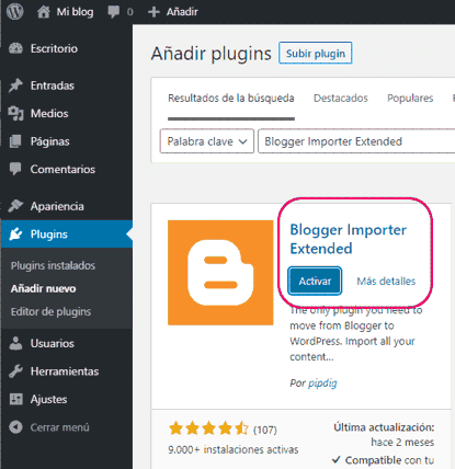 Instalar y activar plugin Blogger Importer Extended de WordPress