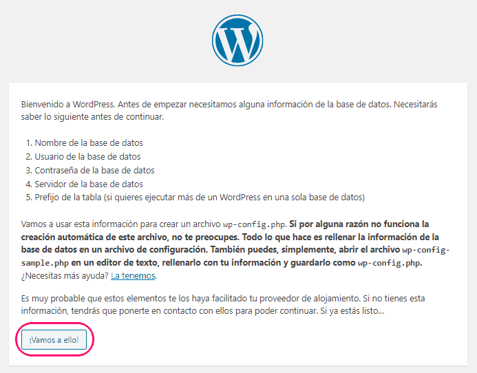 Asistente de instalación manual de WordPress
