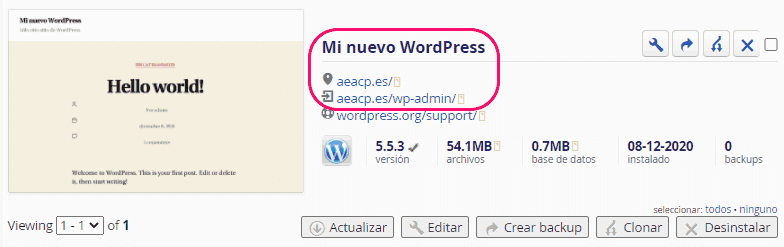 Instalación automática de WordPress completada