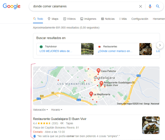 Resultado en Google para donde comer calamares