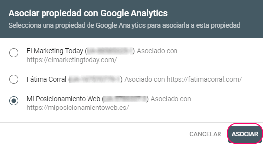 Asociación de la propiedad de Search Console con Google Analytics