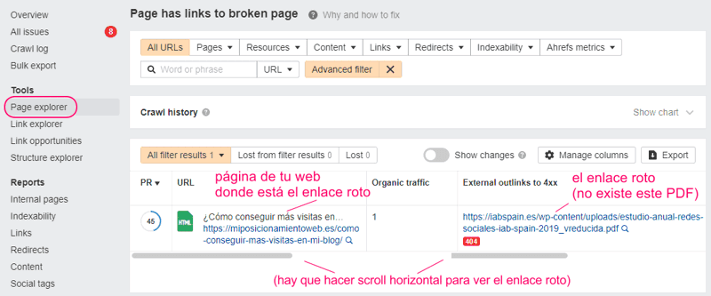 Páginas afectadas por enlaces rotos en page explorer de AWT