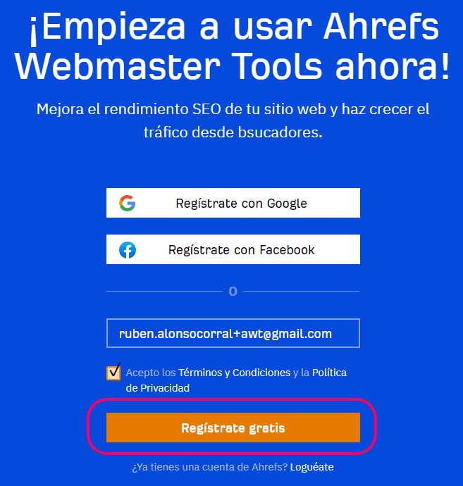 Registrarse en Ahrefs Webmaster Tools