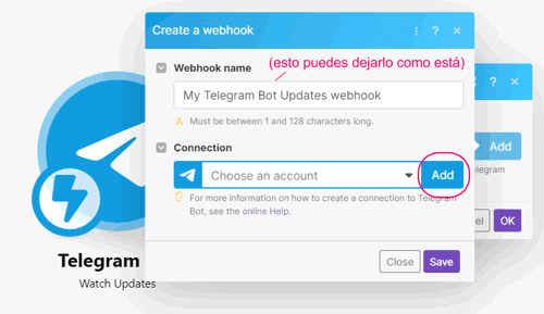 Añadir conexión al módulo Watch Updates de Telegram