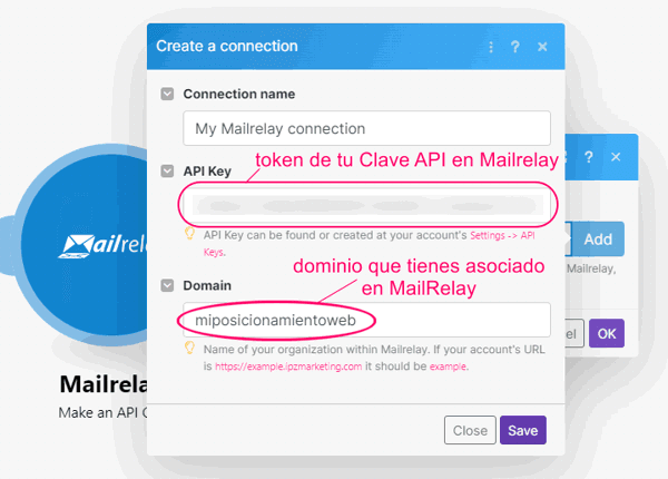 Añadir el token de la API y dominio de Mailrelay