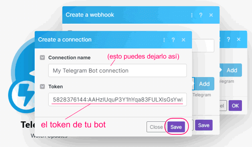 Añadir el token del bot al módulo Watch Updates de Telegram