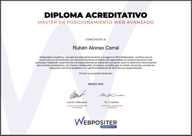 Diploma del máster SEO de Webpositer